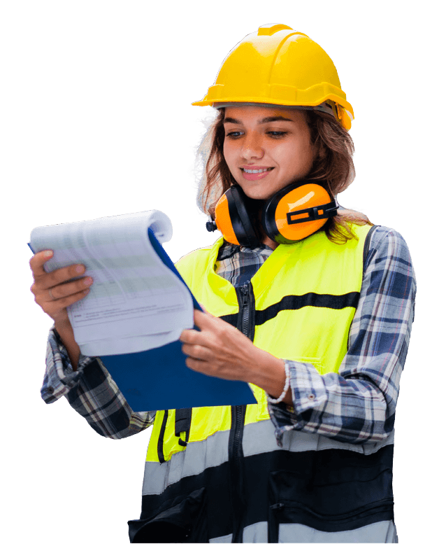 Female engineer with hard hat and clipboard